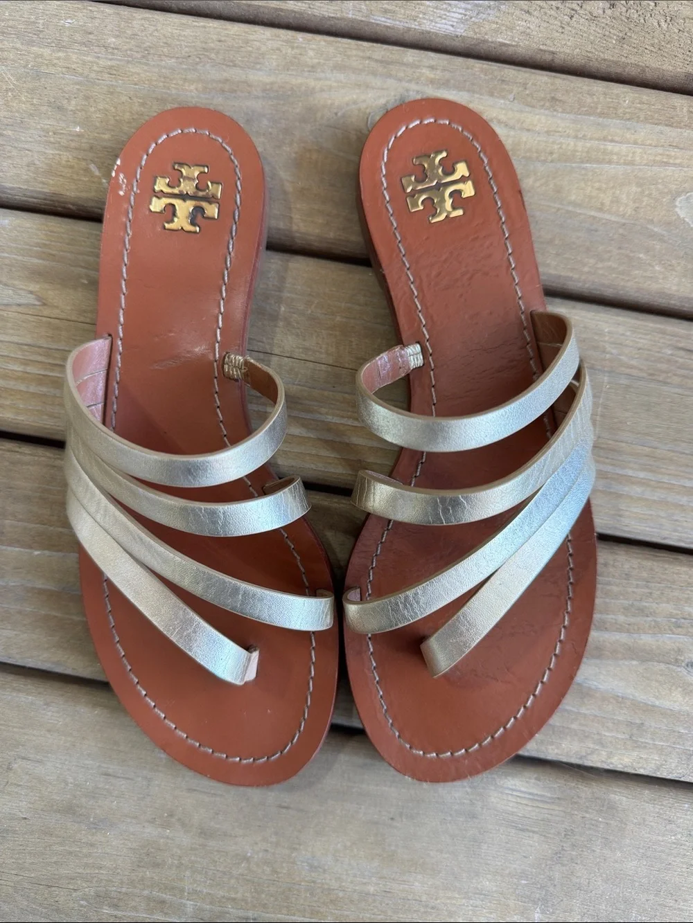 Tory Burch Metallic Gold Multi-Strap Leather Slide Sandals